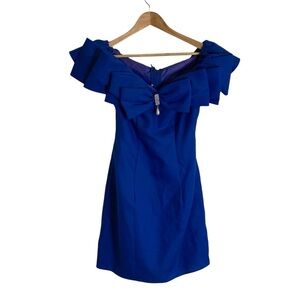 Royal blue fancy dress w/ bow front w/ blue gloves, jewel, regency core